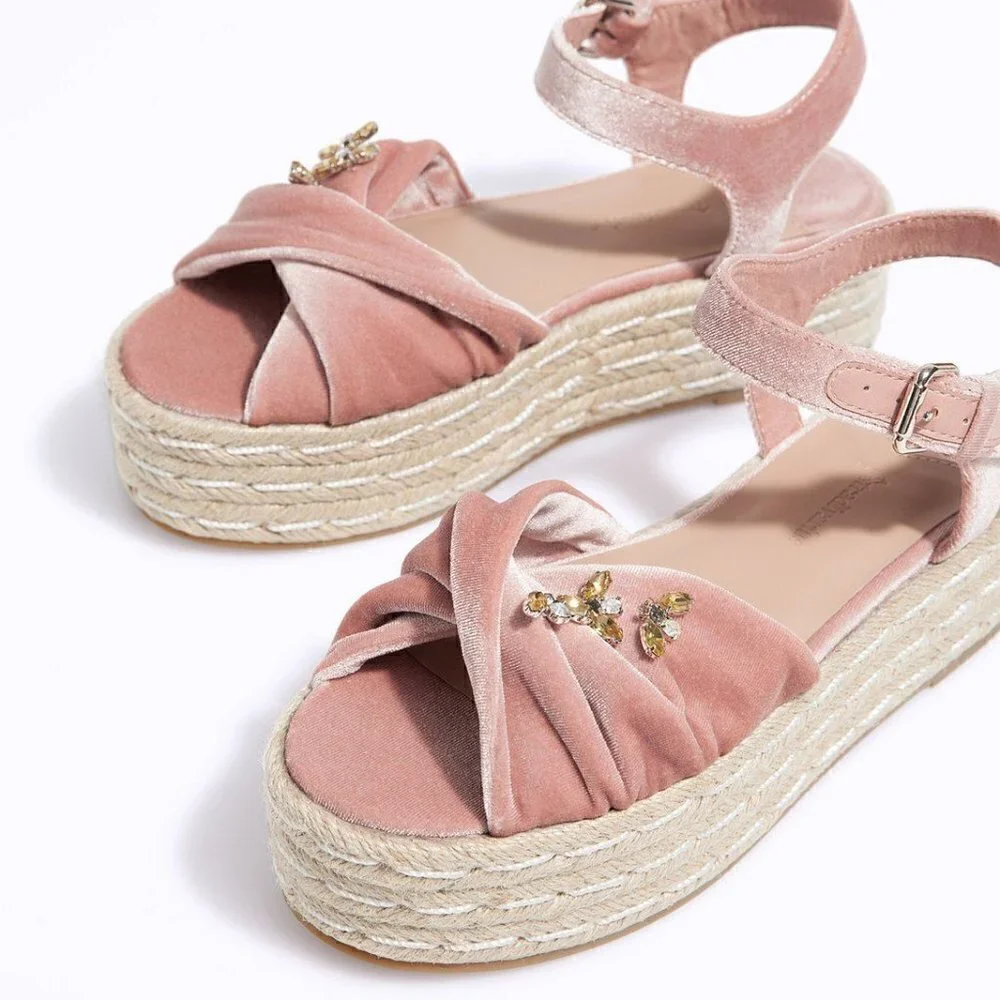 Stradivarius Flatforms Jute Velvet Jeweled Sandals